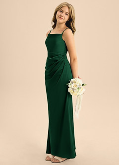 Azazie Renna Junior Robe Trapèze en Satin extensible Plissée Vert Foncé image3