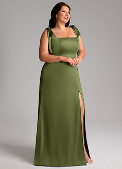 Azazie Frostine Bridesmaid Dresses Olive A-Line Bow Stretch Satin Dress image11
