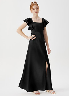 Azazie Bondi Junior Robe Trapèze en Satiné métallisé Fente Latérale Noir image3