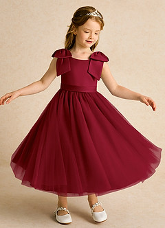 Azazie Serene Flower Girl Dresses Burgundy Ball-Gown Bow Matte Satin Dress image4