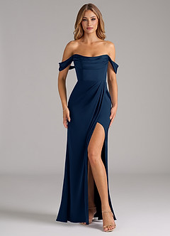 Azazie Johana Bridesmaid Dresses Dark Navy Mermaid Off the Shoulder Stretch Satin Convertible Dress image3