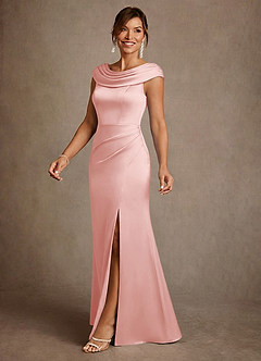 Azazie Irvine Mother of the Bride Dresses Powder Pink A-Line Pleated Stretch Satin Dress image1