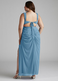 Azazie Jesaphine Jurken voor bruidsmeisjes Jurk van Mesh met Kolom Ruches Staal Blauw image10