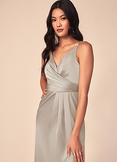 Azazie Aqua Bridesmaid Dresses Frost A-Line V-Neck Pleated Stretch Satin Dress image13