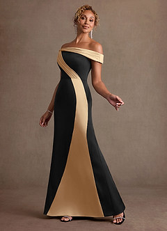Azazie Constance vestidos de madre de la novia Vestido Negro Champán de Satén Elástico de Corte Sirena con Hombros descubiertos image3