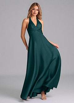 Azazie Tessie Bridesmaid Dresses Pine A-Line Pleated Stretch Satin Dress image4