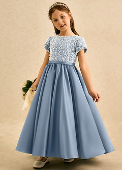 Azazie Cashew Blumenmädchenkleider Ballkleid mit ärmel Matte Satin Kleid Staubblau image3