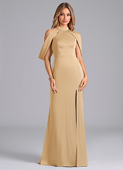Azazie Bonny Bridesmaid Dresses Gold Mermaid Off the Shoulder Stretch Satin Dress image1
