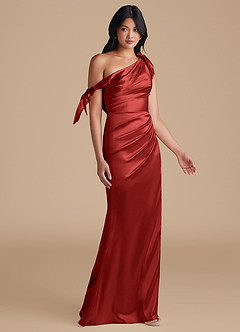 Azazie Xyla Bridesmaid Dresses Rust Sheath Off the Shoulder Metallic Satin Convertible Dress image7