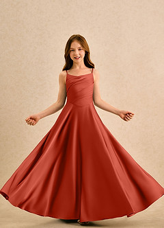 Azazie Coconut Girls Formal Blumenmädchenkleider A-Linie Plissee Stretch-Satin Kleid Rost image5