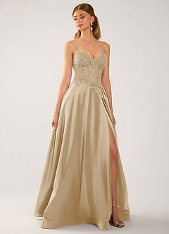 Isoldemark Champagne Beading Sequin Embroidery Satin Prom Dress image4