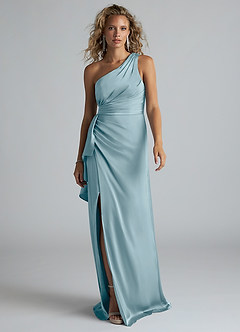 Azazie Maive Bridesmaid Dresses Moody Blue Sheath Ruched Stretch Satin Dress image1