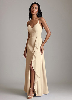 Azazie Naeem Bridesmaid Dresses Champagne A-Line V-Neck Ruffle Chiffon Dress image5