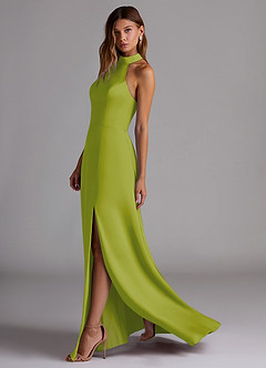 Azazie Myra Bridesmaid Dresses Lemongrass A-Line High Neck Stretch Satin Dress image5