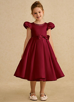 Azazie Pearl Flower Girl Dresses Burgundy Ball-Gown Pleated Matte Satin Dress image5