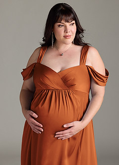 Azazie Rhea Maternity Bridesmaid Dresses A-Line Off-The-Shouler Pleated Stretch Satin Floor-Length Dress image12