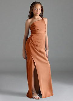 Azazie Eren Junior Copper Sheath Pleated Stretch Satin Dress image4