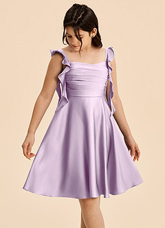 Azazie Kira Junior Frosted Lilac A-Line Ruched Stretch Satin Dress image4