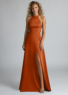 Azazie Clarice Brautjungfernkleider A-Linie Hoher Kragen Stretch-Satin Kleid Gebranntes Orange image4