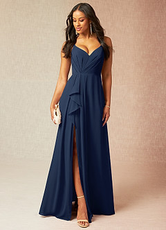 Azazie Kyedae Bridesmaid Dresses Dark Navy A-Line V-Neck Pleated Chiffon Dress image1