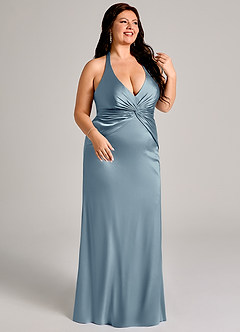 Azazie Valerie Bridesmaid Dresses Dusty Blue Mermaid Pleated Stretch Satin Dress image4