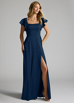 Azazie Bondi Bridesmaid Dresses Dark Navy A-Line Bow Stretch Satin Dress image2