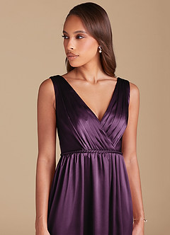 Azazie Tanicia Final Sale Plum A-Line Pleated Metallic Satin Dress image2