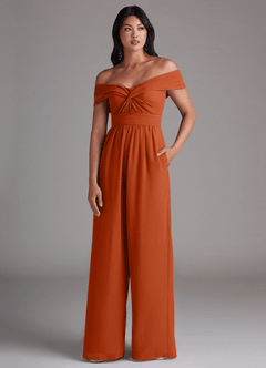 Azazie Lamara Robes de demoiselle d'honneur Combinaison Convertible en Mousseline de soie Épaule décolletée Orange Brûlée image1