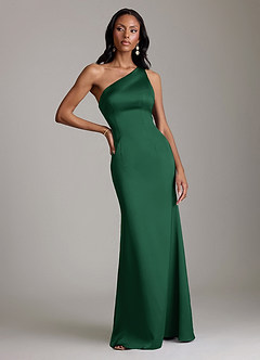 Azazie Voni Robes de demoiselle d'honneur Robe Sirène en Satin extensible Une épaule Vert Foncé image5