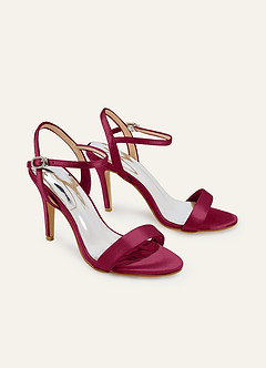 front Champagnerfarbene High Heels aus Satin mit Knöchelriemen