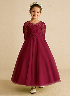 Azazie Precious Flower Girl Dresses Burgundy A-Line Lace Tulle Dress image4