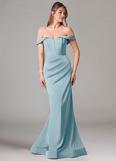 Azazie Everly Jurken voor bruidsmeisjes Converteerbaar Jurk van Stretch Satijn met Zeemeermin Off the Shoulder Mystiek Blauw image3