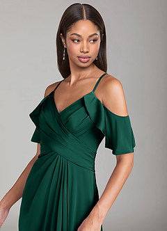 Azazie Dakota At-home Try On Dresses Emerald A-Line Off the Shoulder Stretch Satin Dress image5