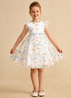 Azazie Anastasia vestidos de niña de las flores Vestido de Marfil Azul Cielo de Tul de Corte En A con Lazo image1