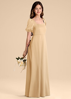 Azazie Briar Junior Vestido de Oro de Satén Elástico de Corte en A con Lazo image6