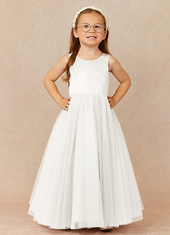 Azazie Muni Flower Girl Dresses Ivory A-Line Bow Tulle Dress image2