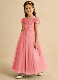 Azazie Puff Flower Girl Dresses Coral Ball-Gown Lace Tulle Dress image2