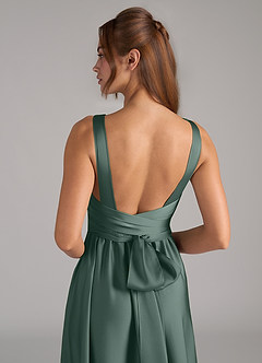 Azazie Kora At-home Try On Dresses Dusty Blue A-Line Pleated Stretch Satin Dress image2