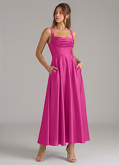 Azazie Shaude Bridesmaid Dresses Fuchsia A-Line Pleated Stretch Satin Dress image3