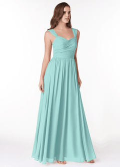 Azazie Zapheira Vestidos de damas de honor Vestido de Aqua de Gasa de Corte en A con Volante image4
