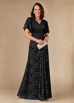 Azazie Emmeline Mother of the Bride Dresses Black A-Line Pleated Floral Burnout Dress image1