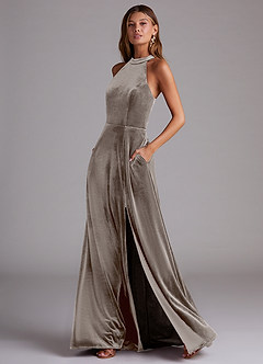 Azazie Larice Bridesmaid Dresses Silver Taupe A-Line with Pockets Velvet Dress image3