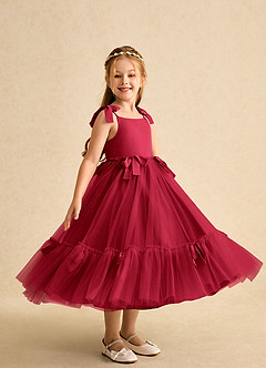 Azazie Jaci Blumenmädchenkleider A-Linie Spaghetti Riemen Chiffon Kleid Scharlachrot image2