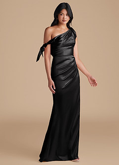 Azazie Xyla Bridesmaid Dresses Black Sheath Off the Shoulder Metallic Satin Convertible Dress image7
