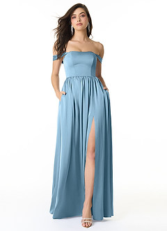 Azazie Morana Bridesmaid Dresses Steel Blue A-Line Off the Shoulder Stretch Satin Convertible Dress image1
