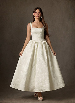 Azazie Verina Wedding Dresses Cream A-Line with Pockets Floral Jacquard Dress image3