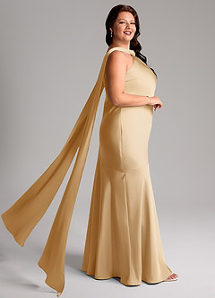 Azazie Kinsley Vestidos de madrinha de casamento Vestido Ouro de Cetim elástico de sereia com Fenda Lateral image10