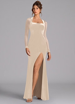 Azazie Megan Final Sale Champagne Mermaid Long Sleeve Mesh Dress image4