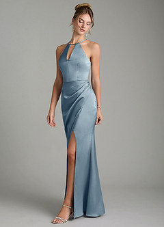 Azazie Aidyn Bridesmaid Dresses Dusty Blue Sheath Pleated Stretch Satin Dress image4