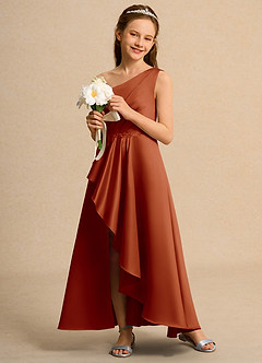 Azazie Taffy Junior Formal Jurken voor bloemenmeisjes A-Lijn Jurk van Mat Satijn Kant Paprika image4